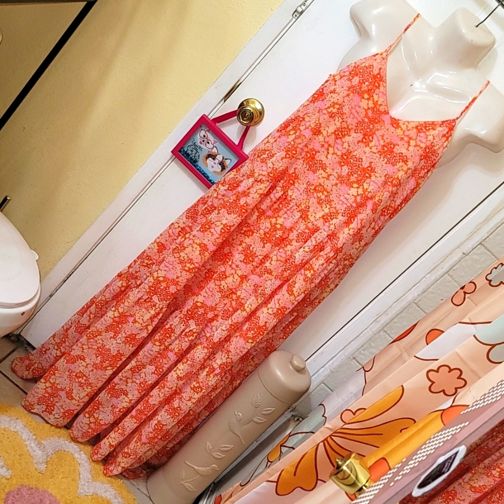 Code X Mode maxi dress orange floral lightweight lined sleeveless tiered D1